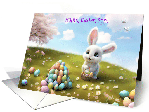 Son Happy Easter Cute Bunny and Bunches of Eggs Custom Text card