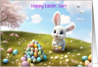 Son Happy Easter Cute Bunny and Bunches of Eggs Custom Text card