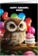 Niece Happy Birthday Cute Owl with Pink Cupcake and Balloons Custom card