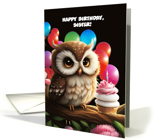 Sister Happy Birthday Cute Owl with Pink Cupcake Balloons Custom card