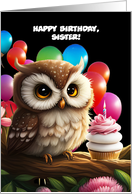 Sister Happy Birthday Cute Owl with Pink Cupcake Balloons Custom card