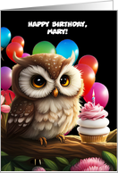 Birthday Custom Name Cute Owl and Balloons Cupcake and Candle card