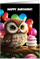 Birthday for Kids Cute Owl and Cupcake with Balloons Custom Text card