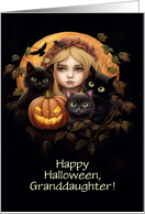 Granddaughter Happy Halloween Custom Text with Cats and Jack O Lantern card