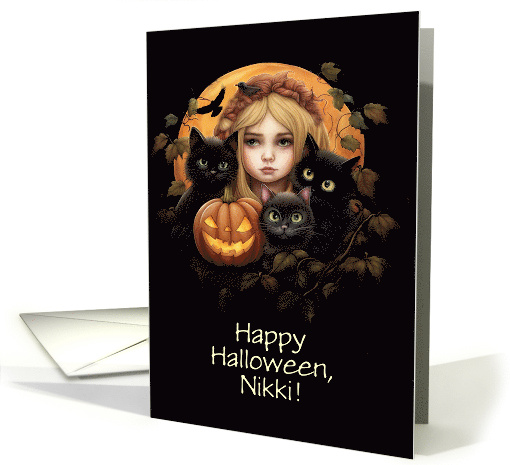 Halloween Custom Name Cute Black Cats and Girl with Pumpkin, card