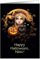 Halloween Custom Name Cute Black Cats and Girl with Pumpkin, card