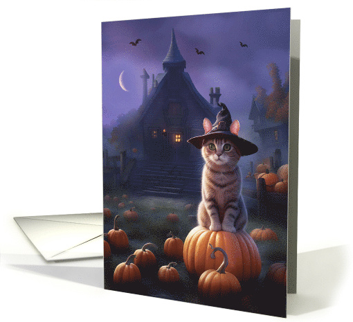 Halloween with Cute Cat and Pumpkins Scary Mansion and Bats card