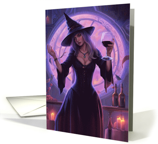 Halloween Witch and Wine Funny Beautiful Witch Holding Wine card