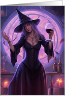 Halloween Witch and Wine Funny Beautiful Witch Holding Wine card