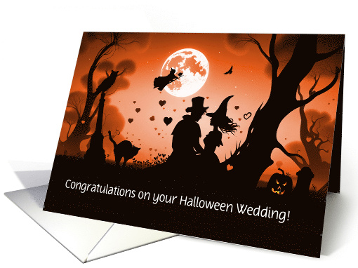 Wedding on Halloween Cute Couple with Witch Black Cats Custom card