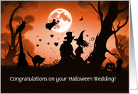 Wedding on Halloween Cute Couple with Witch Black Cats Custom card