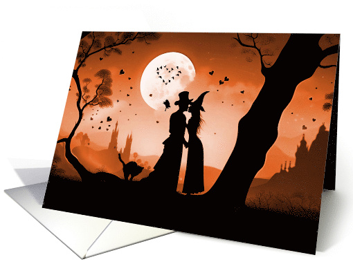 Halloween Wedding Cute Couple Top Hat and Witch Hat Moonlight card