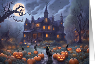 First Halloween in New Home Cute Haunted House with Cats and Pumpkins card