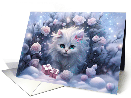 Cat Christmas with Roses Snow and Gifts Pretty White Kitten card