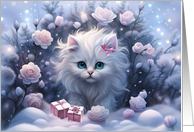 Cat Christmas with Roses Snow and Gifts Pretty White Kitten card