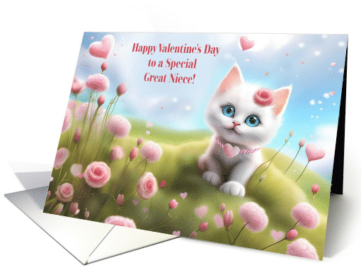 Great Niece Valentines Day with Cute White Cat and Hearts Flowers card