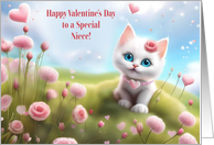 Niece Happy Valentines Day Pink Hearts and Flowers Cute White Kitten card