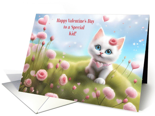 Kids Valentines Day with Darling White Kitten Pink Hearts... (1785016)