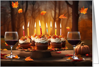 Thanksgiving Day Birthday with Cupcakes Wine and Falling Leaves card