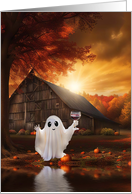 Halloween Ghost and Wine Barn Cute and Humorous Spirits card