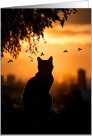 Cat Sunset with Birds Thinking of You Overlooking City Silhouetted card