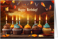 Birthday Cupcakes Fall Colors Falling Leaves Butterflies Custom card