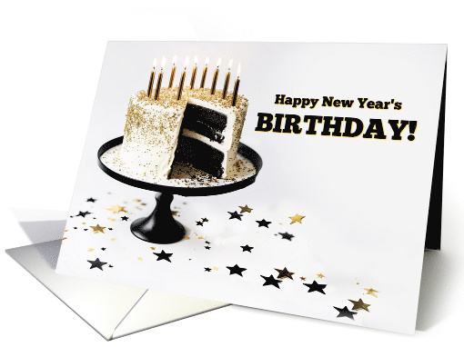 Happy New Year's Birthday Cake and Candles Stars Confetti Festive card