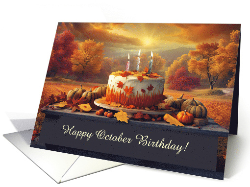 Birthday October Pretty Fall Colors with Birthday Cake Custom card
