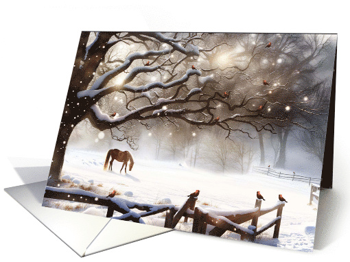 Seasons Greeting Country Horse in Snow with Cardinals Old... (1786196)