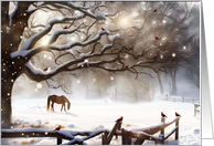 Seasons Greeting Country Horse in Snow with Cardinals Old Fence Cute card