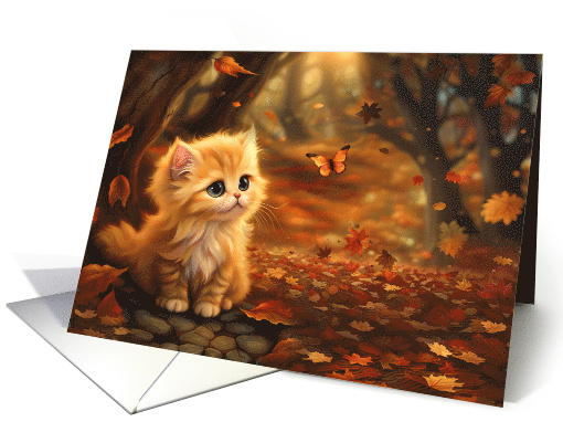 Cat Thinking of You Cute kitten with Butterfly Falling Leaves card
