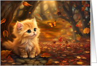Cat Thinking of You Cute kitten with Butterfly Falling Leaves card