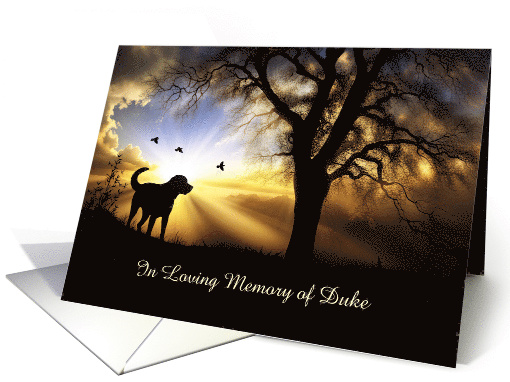 Dog Sympathy Custom Name with Dog in Sunset Trees Birds Memorial card