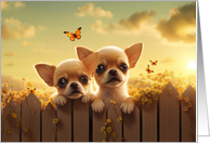 Thinking of You Cute Chihuahua Dogs Looking Over a Fence Flowers card