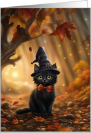 Halloween Cute Black Cat with Witch Hat and Fall Colors All Around card
