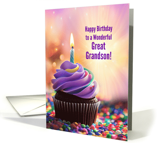 Great Grandson Birthday Wishes with Fun Cupcake and Candle card