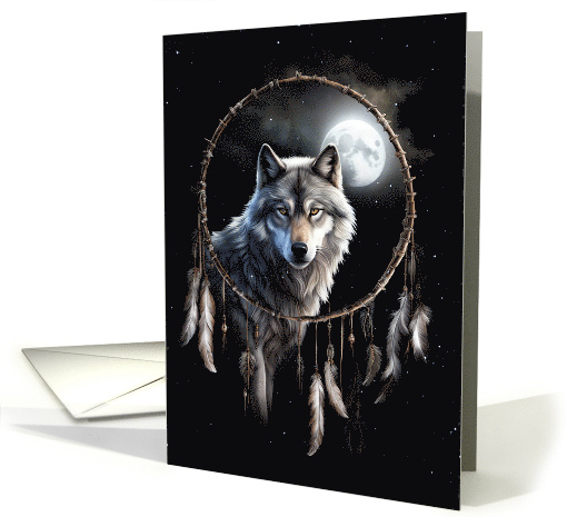 Dreamcatcher Native American Inspired Wolf and Moon Blank Note card