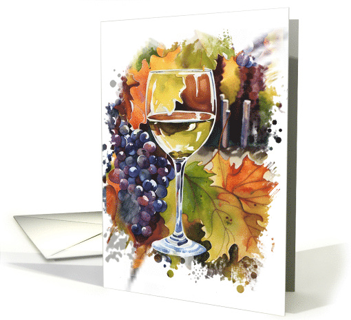 Wine Glass with Grapes and Leaves Watercolor Look Artistic Blank card