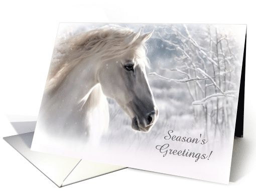 Horse in the Snow Seasons Greetings with Flowing Mane Custom Text card