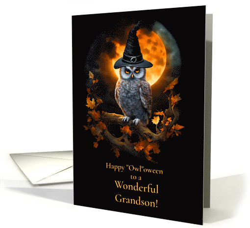 Grandson Happy Halloween with Owl and Warlock Hat Moon Cute card