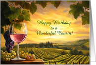 Cousin Happy Birthday with Glass of Wine and Vineyard Custom Text card