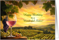 Sister Happy Birthday with a Glass of Rose Wine and Vineyard Custom card