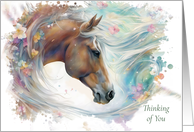 Thinking of You Watercolor Look Horse and Flowers Beautiful card