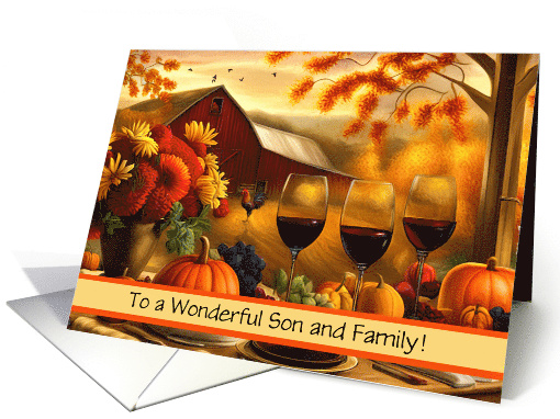 Son and Family Happy Thanksgiving Day with Barn Wine Custom Text card