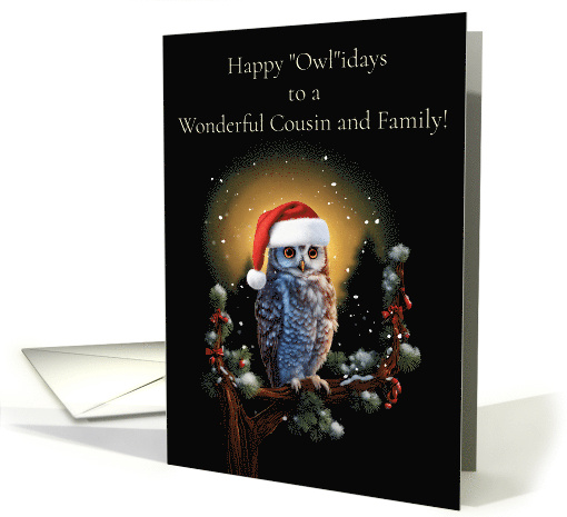 Cousin and Family Happy Holidays Cute Owl and Santa Hat card (1797432)