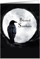 Samhain Black and White with Crow Raven and Clouds card