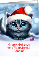 Cousin Happy Holidays Christmas with Cute Cat and Santa Hat Custom card