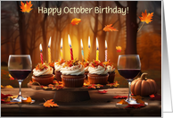 October Birthday With Cupcakes Falling Leaves and Wine Custom Funny card