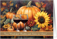 Brother and Sister in Law Happy Thanksgiving with Wine Flowers Custom card