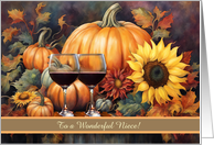 Niece Happy Thanksgiving with Wine Pumpkin Sunflowers Custom Text card